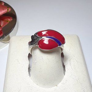 Estate Red & Blue Enamel Sterling Silver 925 WJ Leaf S-6 Ring #16684